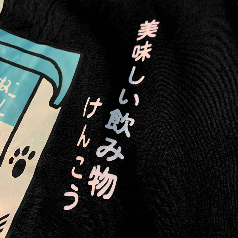 Cute Japanese Cat Print Oversized T-shirt men Women Short Sleeve Loose Casual Tee Shirt Streetwear Tops Cotton Harajuku Clothing