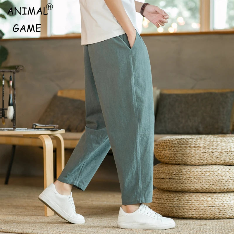 Men's Trousers Cotton Linen Fashion Casual Pants Solid Color Breathable Loose Shorts Straight Drawstring Pants Streetwear Men